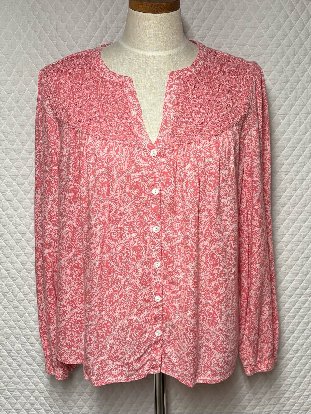 Lucky Brand Pink Paisley Button-Front Peasant Top